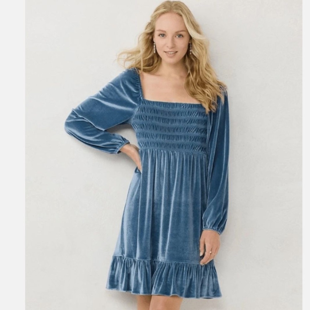 Smocked Velvet‎ Y2K Dress Womens XS Square Neck Balloon Sleeve Ruffle Blue